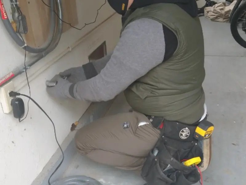 Electrician performing outlet wiring in a Wadesboro garage